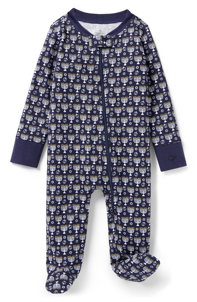 Petite Plume Print Fitted Pima Cotton One-Piece Pajamas, Main, color, Navy