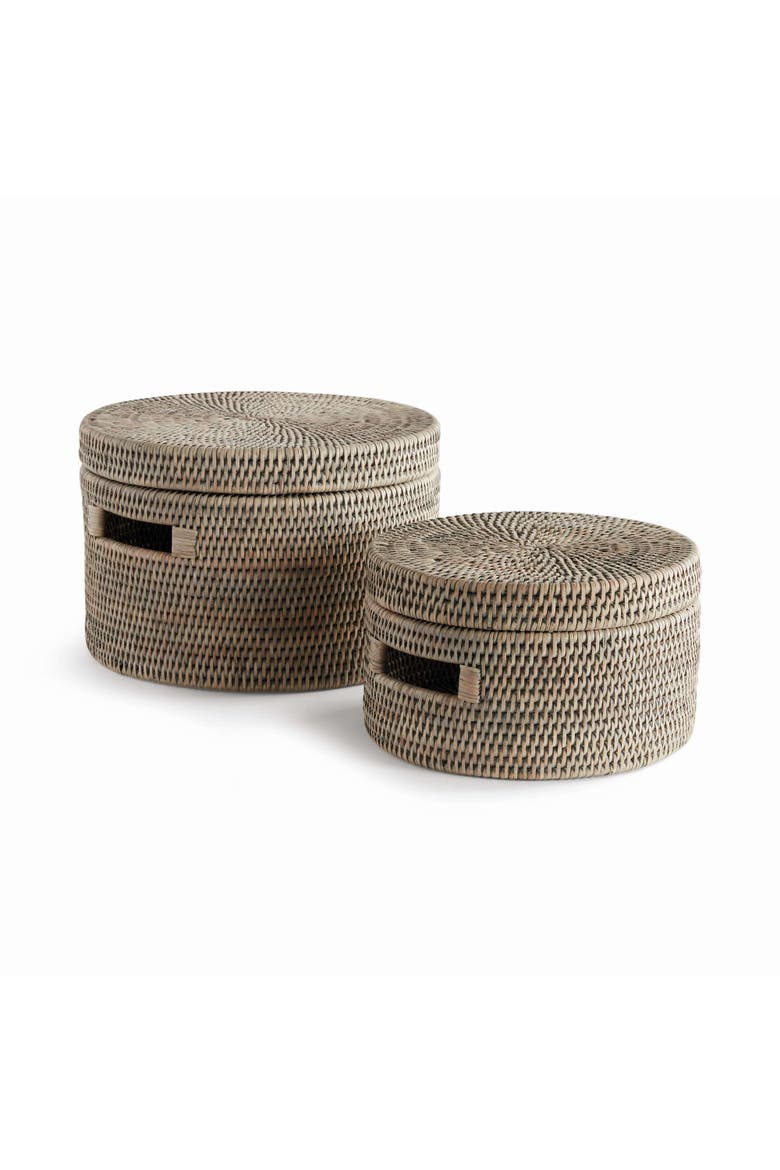 Burma Rattan Round Lidded Boxes Set Of 2, Main, color, Gray