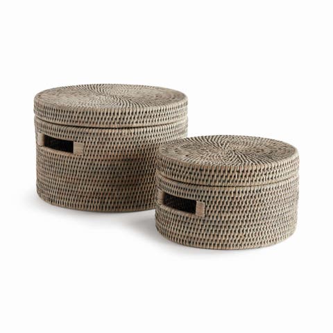 Burma Rattan Round Lidded Boxes Set Of 2