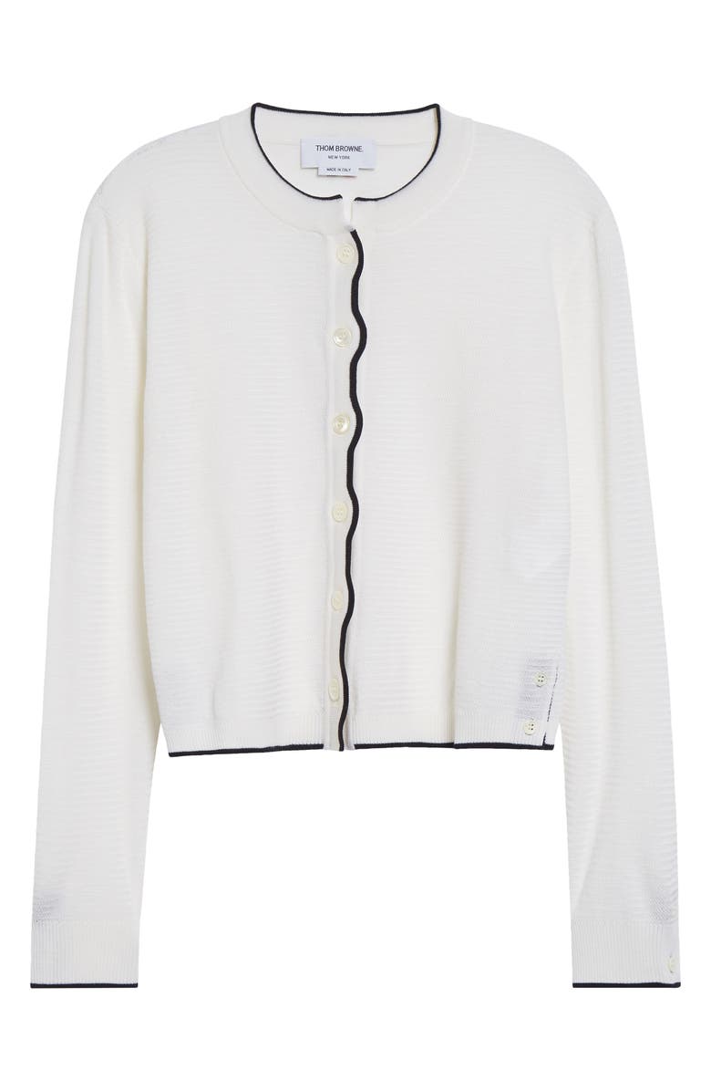 Thom Browne Textured Stitch Virgin Wool Crewneck Cardigan, Alternate, color, White