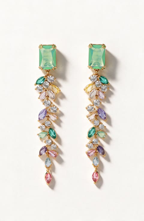 Gold Tone Crystal Geometric Cascading Statement Drop Earrings
