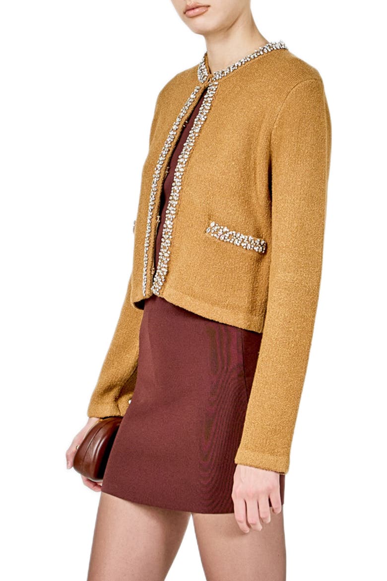 Bouclé Jewel Trim Cardigan, Alternate, color, MOCHA