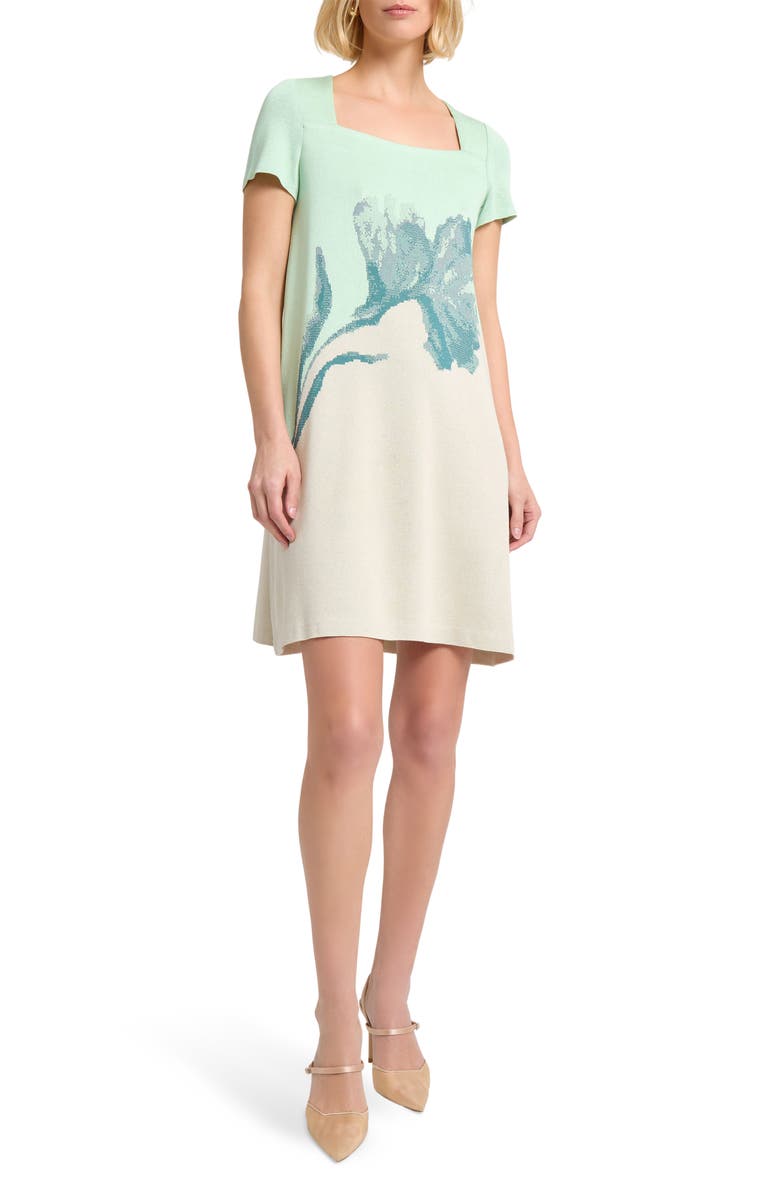 Misook Floral Jacquard Minidress, Main, color, Paradise Green/ Biscotti