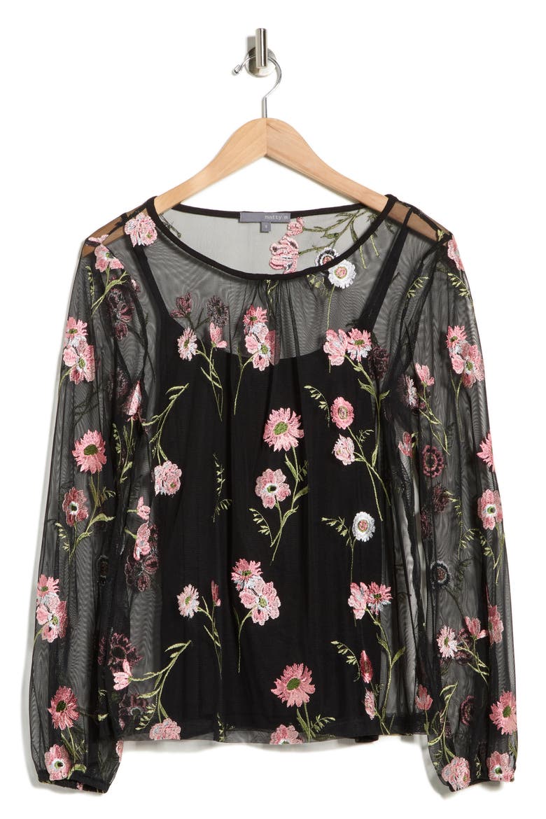 Embroidered Mesh Top, Alternate, color, BLACK