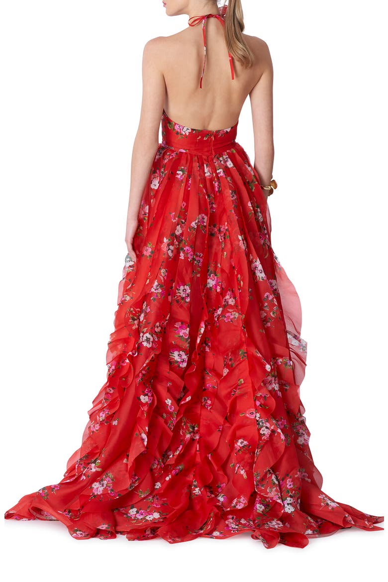 Pleated Halter Neck Floral Print Handkerchief Hem Silk Gown, Alternate, color, POPPY-MULTI