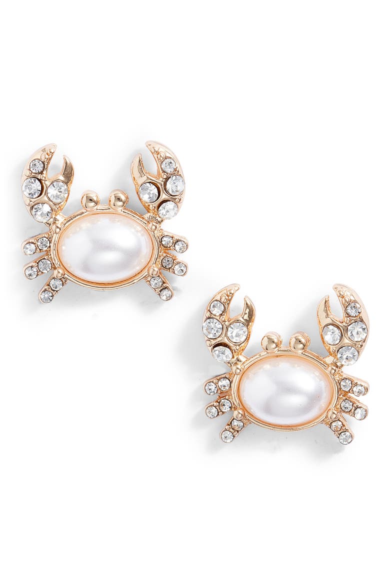 Positano Imitation Pearl Crab Stud Earrings, Main, color, IVORY