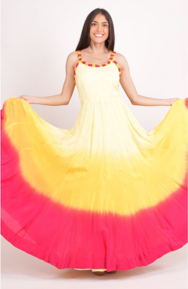 RAAS Hand Tie-Dye Ombre Silk Maxi Sundress, Alternate, color, Yellow