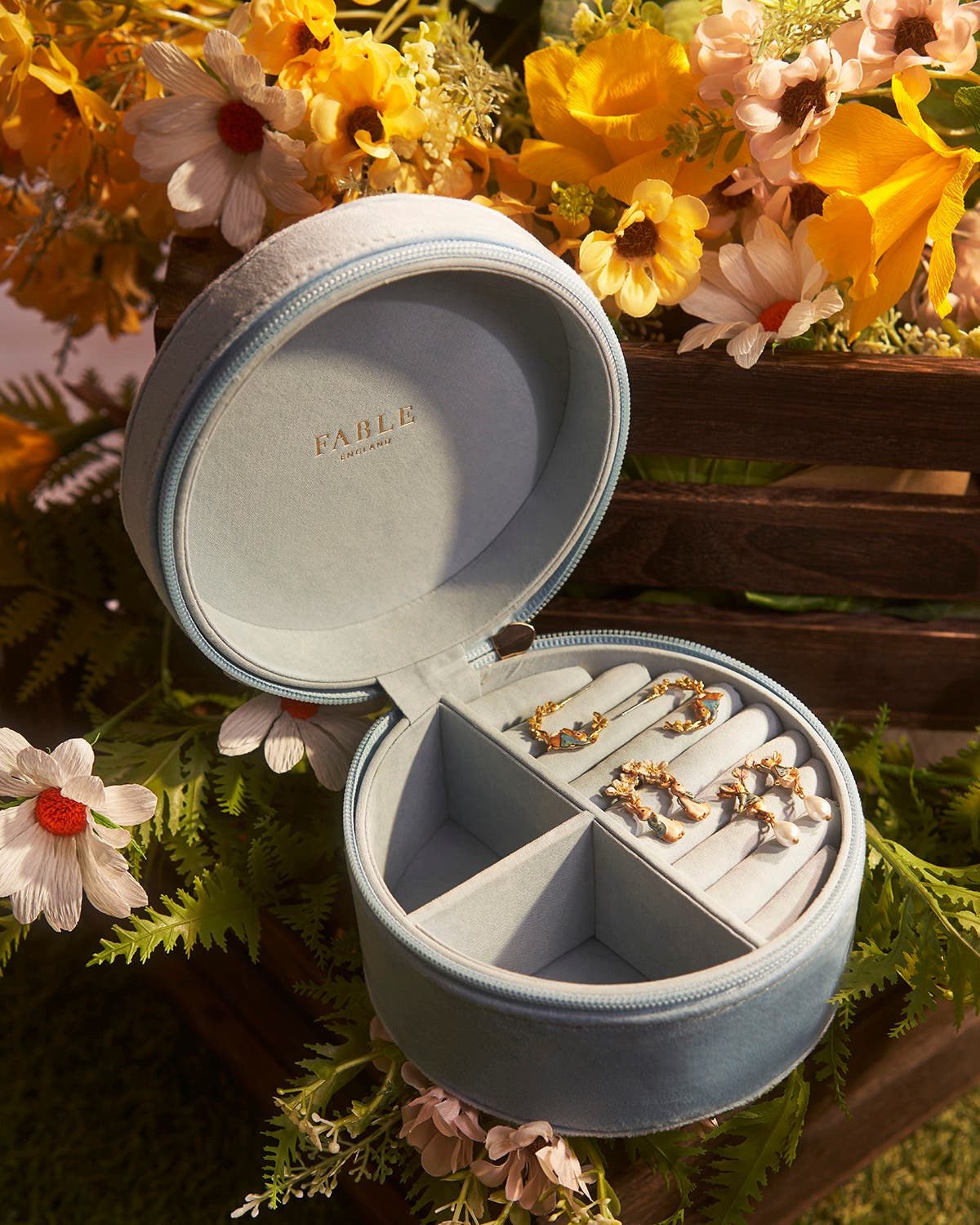 Fable England x Peter Rabbit Blue Velvet Embroidered Circle Jewellery Box, Alternate, color, Light Blue