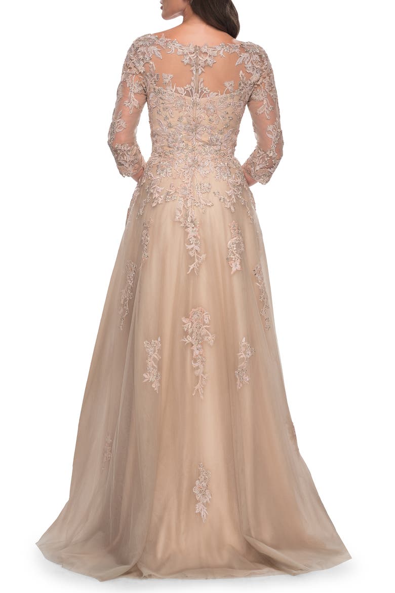 A-Line Tulle and Lace Applique Gown with Lace Sleeves, Alternate, color, Champagne
