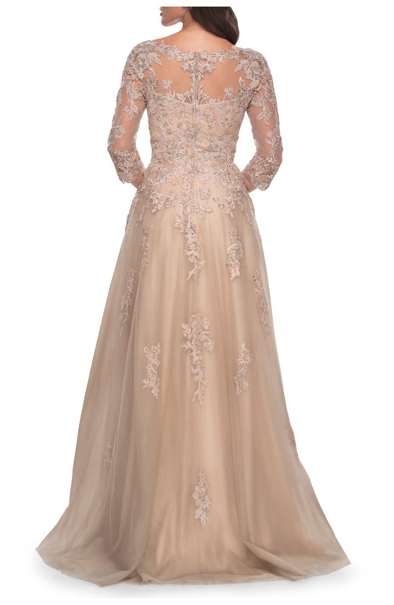 La Femme A-Line Tulle and Lace Applique Gown with Lace Sleeves, Alternate, color, Champagne