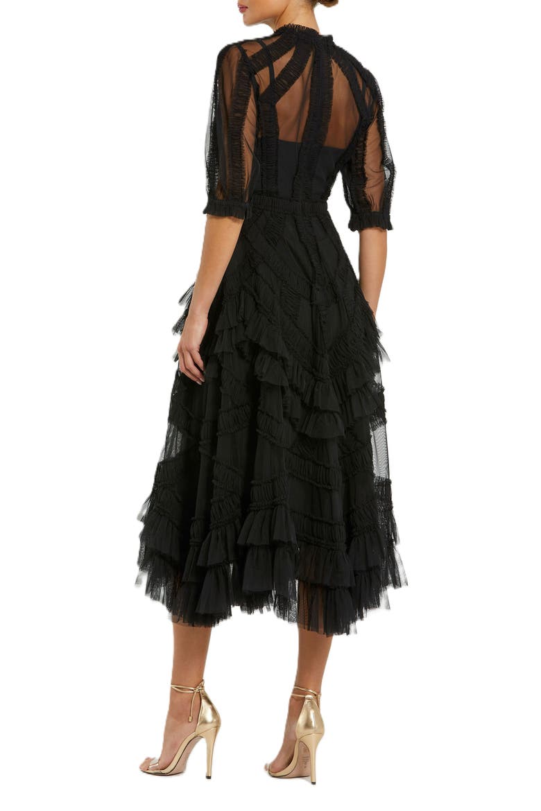 High Neck Puff Sleeve Ruffle Tiered Midi Dress, Alternate, color, Black