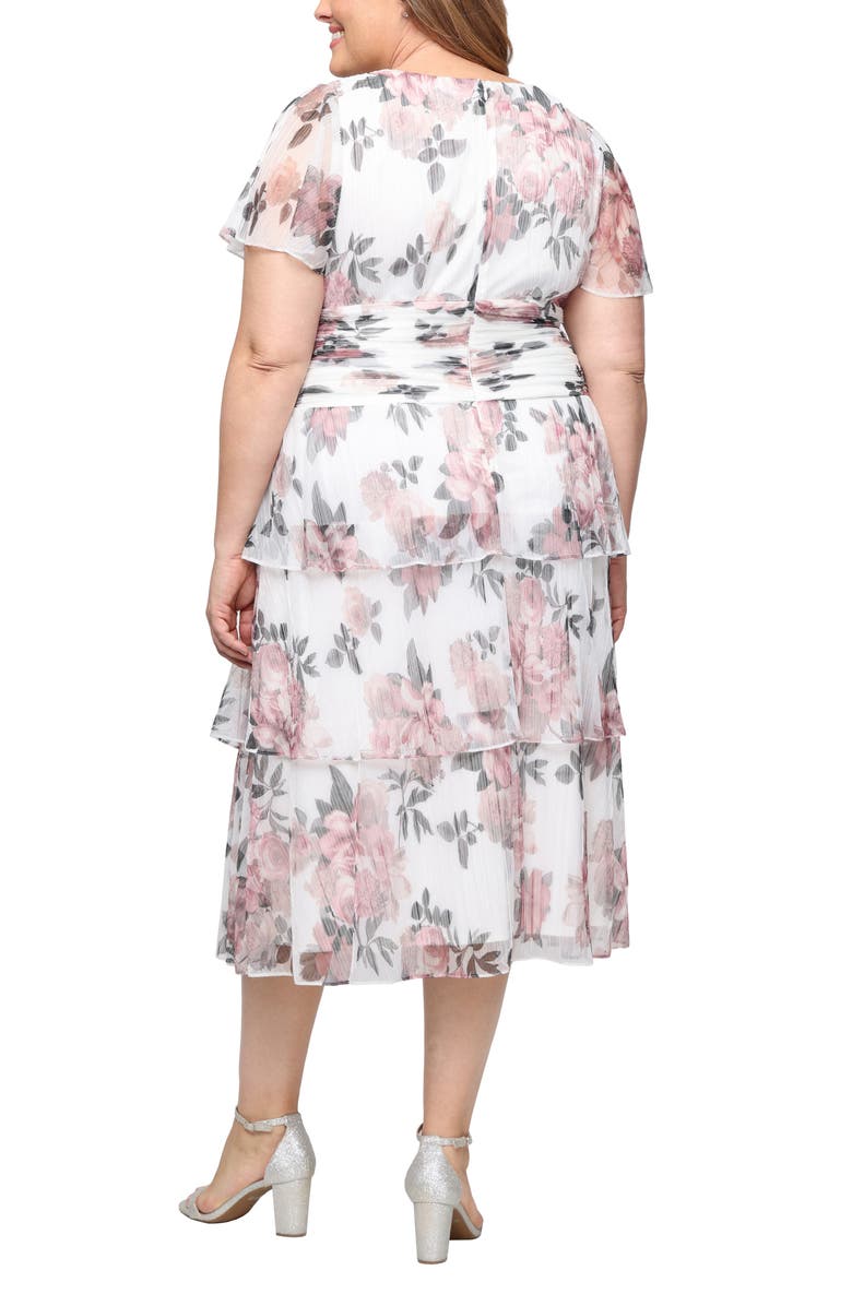 SL FASHIONS Floral Print Tiered Bodre Midi Dress, Alternate, color, Ivory Mult