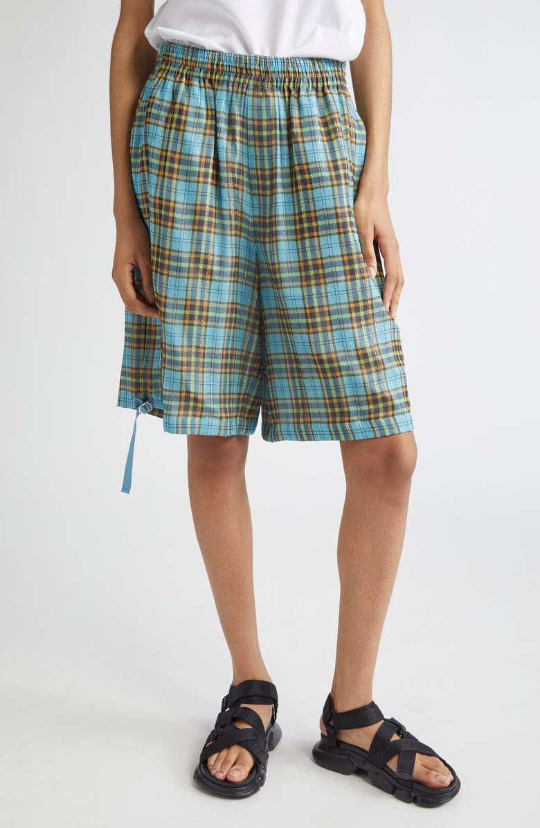 Undercover Metallic Stripe Plaid Silk Blend Twill Bermuda Shorts, Main, color, 