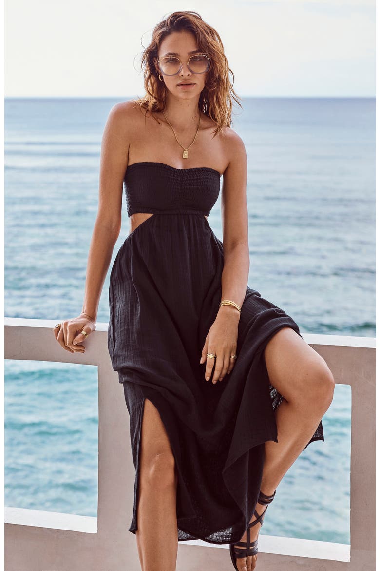 Smocked Bodice Cotton Seersucker Cover-Up Dress, Alternate, color, BLACK