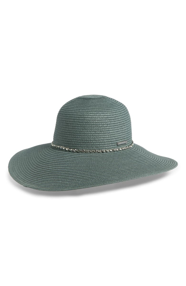 Vince Camuto Rhinestone Trim Straw Floppy Hat, Main, color, Green