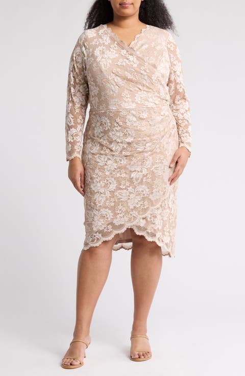 Long Sleeve Faux Wrap Lace Dress (Plus)