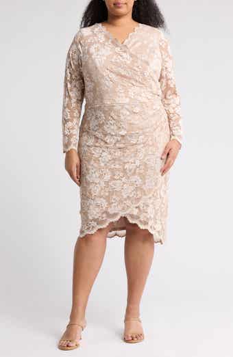 Marina Long Sleeve Faux Wrap Lace Dress