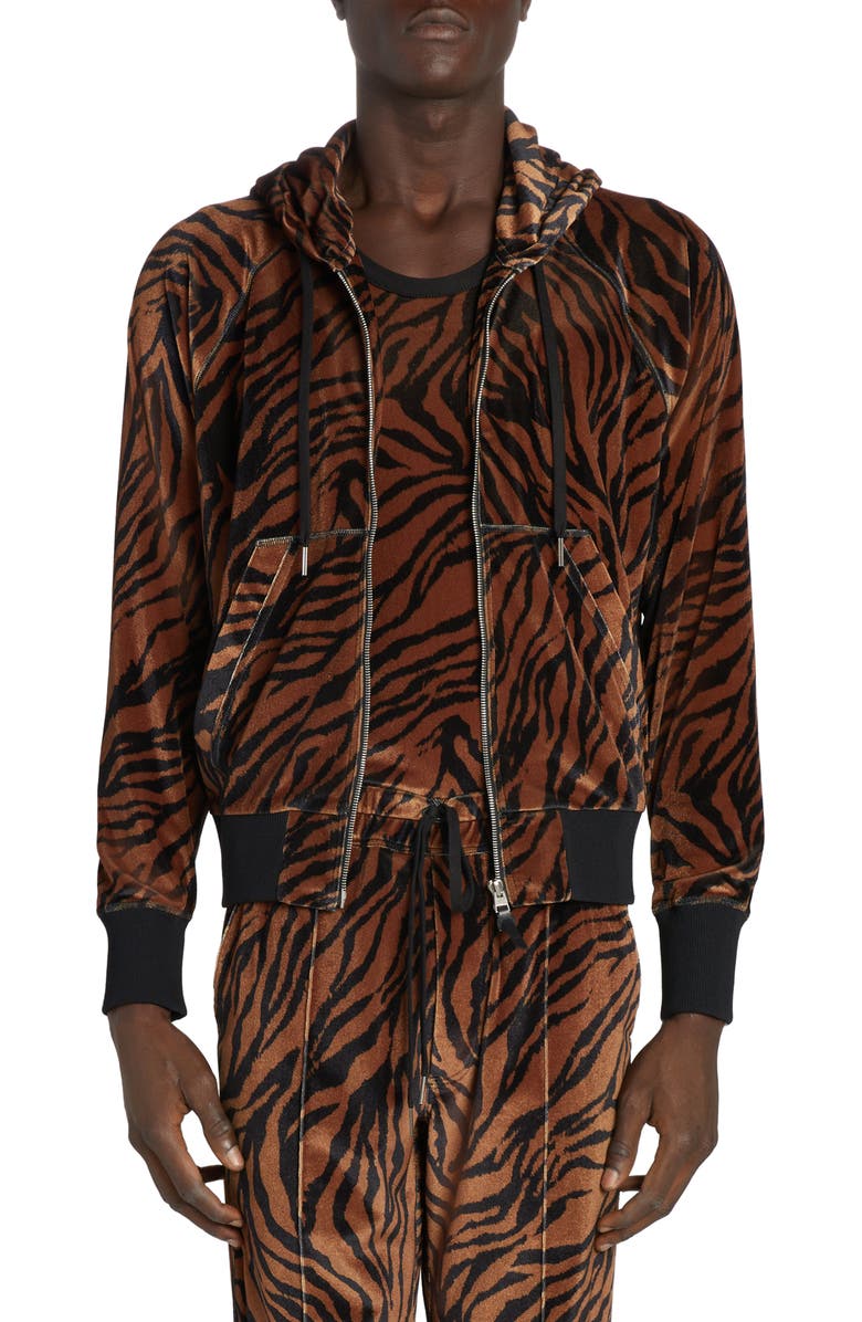TOM FORD Zebra Print Velour Zip Hoodie, Main, color, 