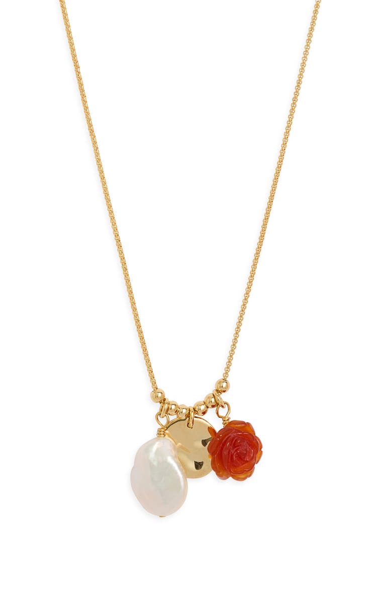 Floral Agate & Freshwater Pearl Pendant Necklace, Main, color, AMBER- WHITE- 14K GOLD PLATED