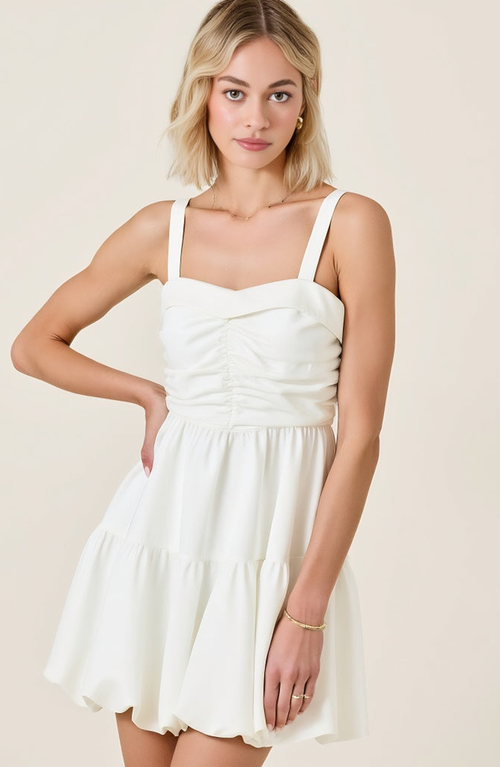 Modenaire Ruched Sweetheart Neck Mini Dress With Straps And Flared Hem