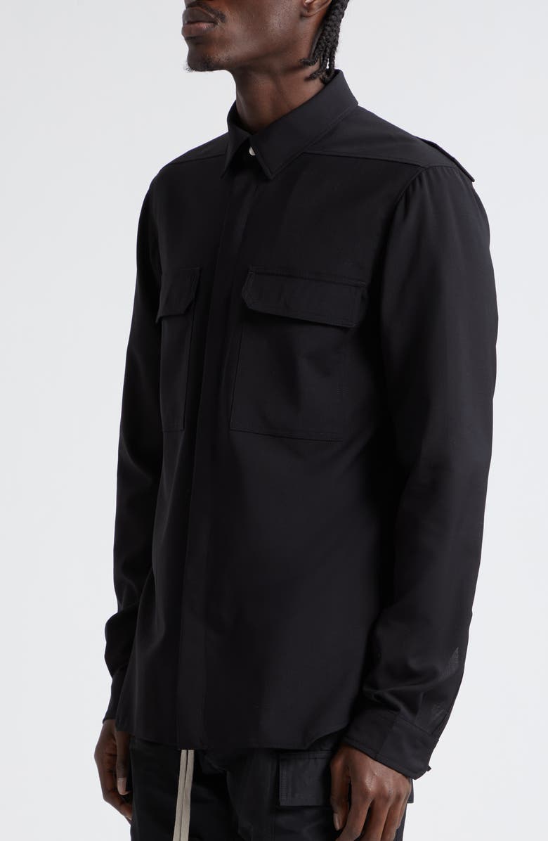 Rick Owens Strap Back Wool Snap-Up Shirt, Alternate, color, 