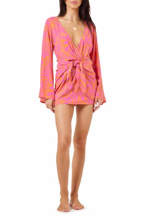 LSPACE Kristy Long Sleeve Faux-Wrap Cover-Up Dress