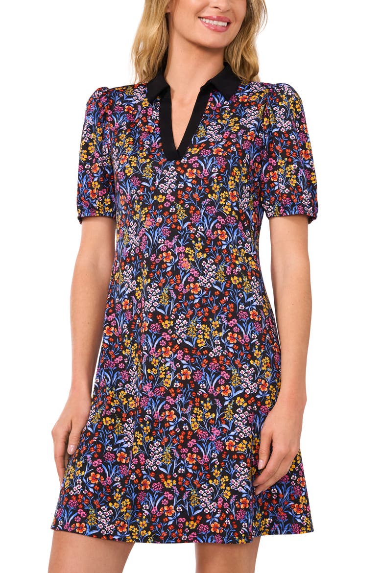 Floral Puff Sleeve Polo Dress, Alternate, color, RICH BLACK