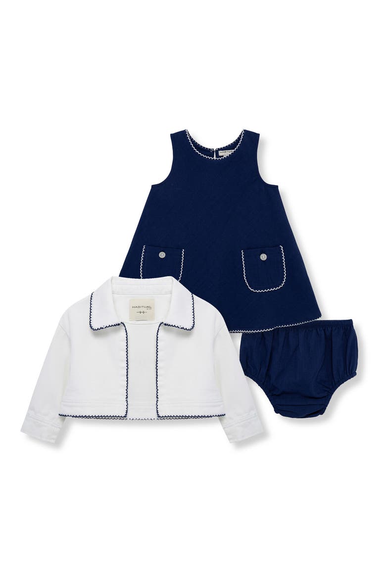Embroidered Cotton Jacket, Dress & Bloomers Set, Main, color, BLUE