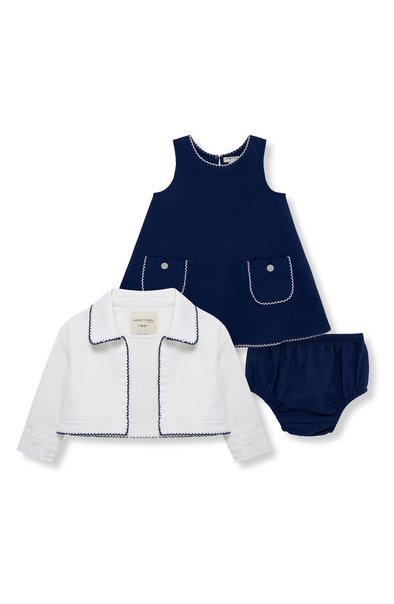 Habitual Kids Embroidered Cotton Jacket, Dress & Bloomers Set, Main, color, Blue