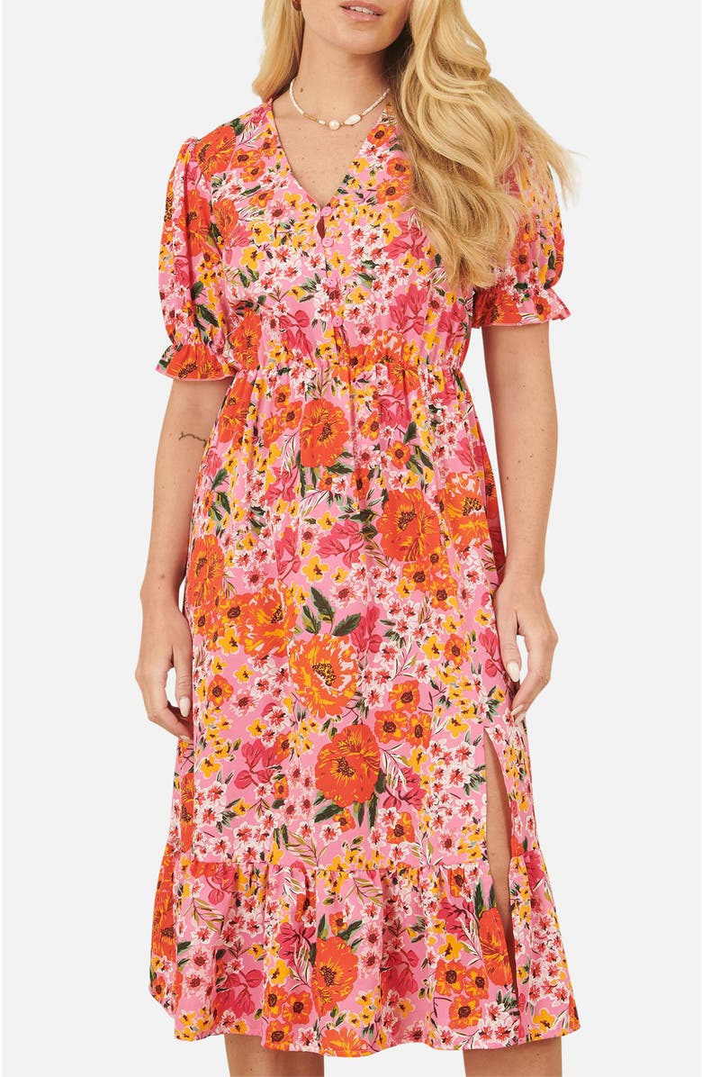 Yumi Short Sleeve V-Neck Printed Midi Dress, Alternate, color, Pink