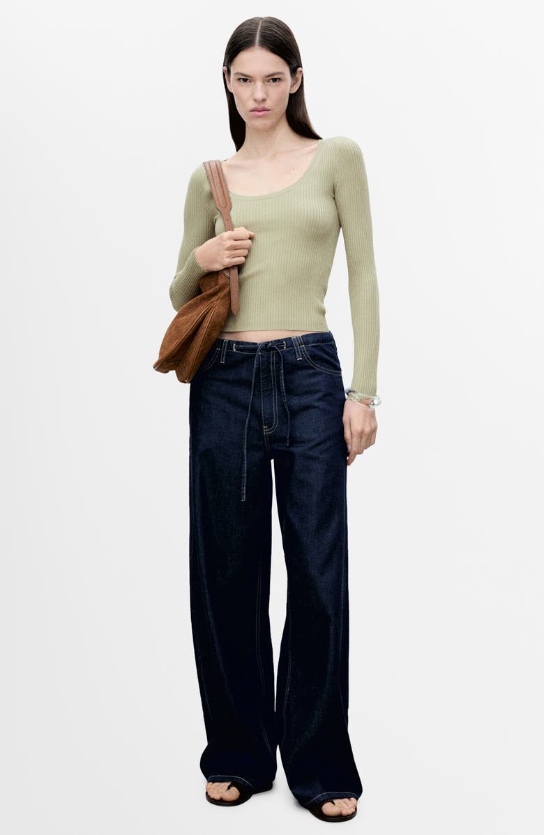 MANGO Scoop Neck Crop Rib Sweater, Alternate, color, Khaki