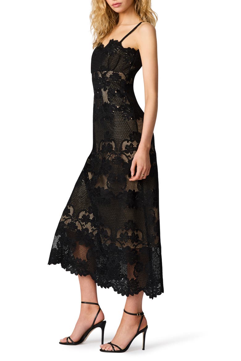 Willow Scalloped Floral Lace Midi Dress, Alternate, color, BLACK