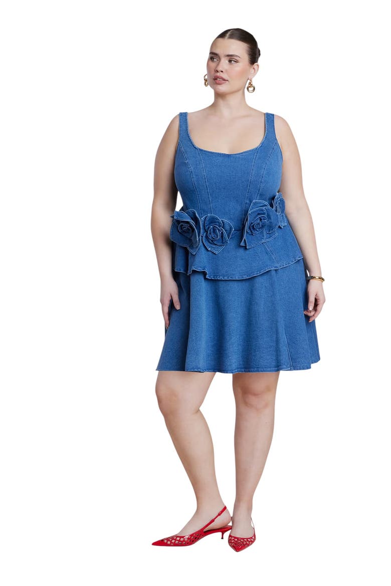 Denim Flower Applique Mini Dress, Main, color, MEDIUM WASH