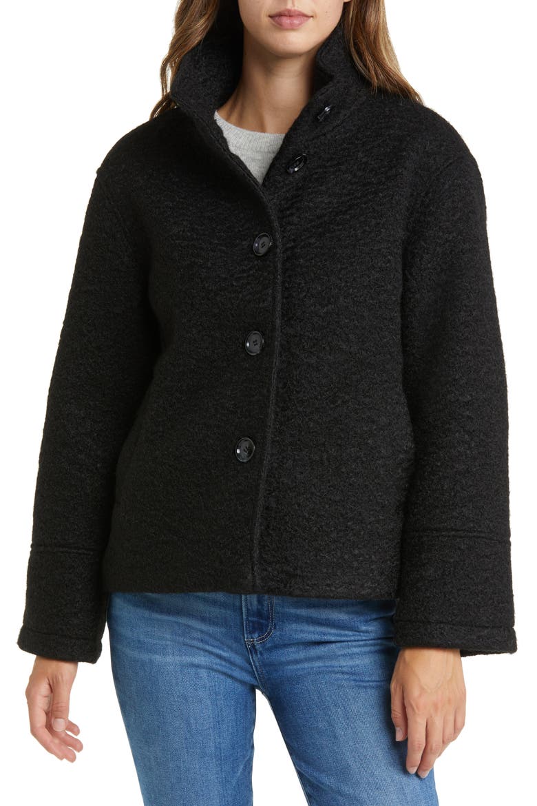 Stand Collar Pressed Bouclé Jacket, Main, color, BLACK