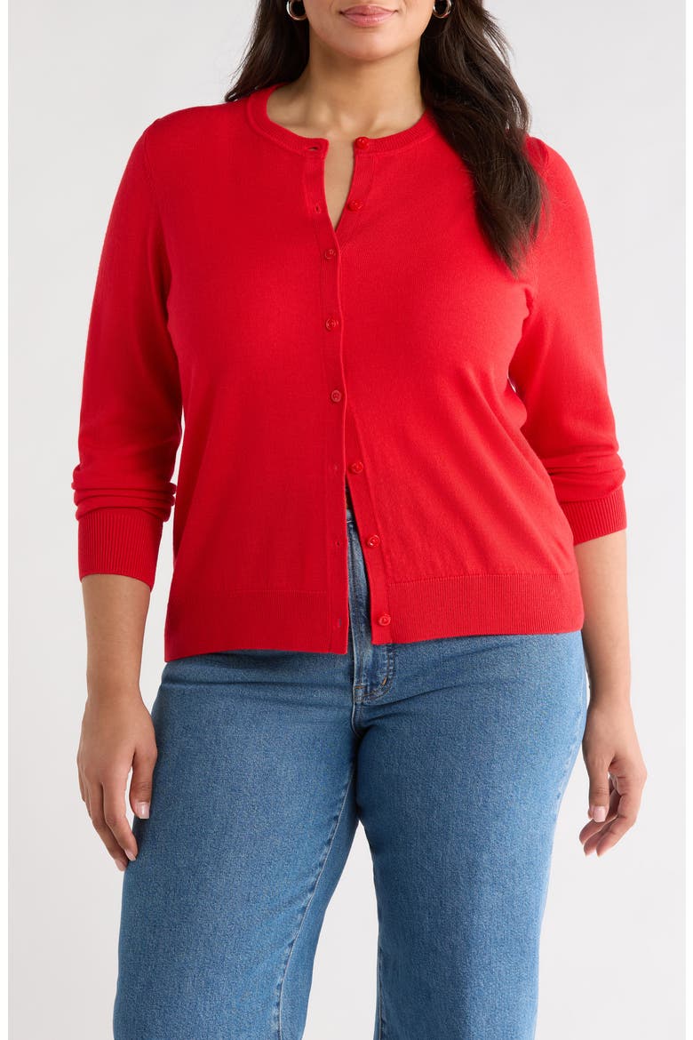 Merino Wool Blend Crewneck Cardigan, Main, color, RED RADISH