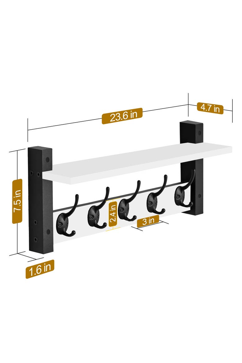 24-Inch Floating Wall Shelf with Hooks, Alternate, color, WHITE