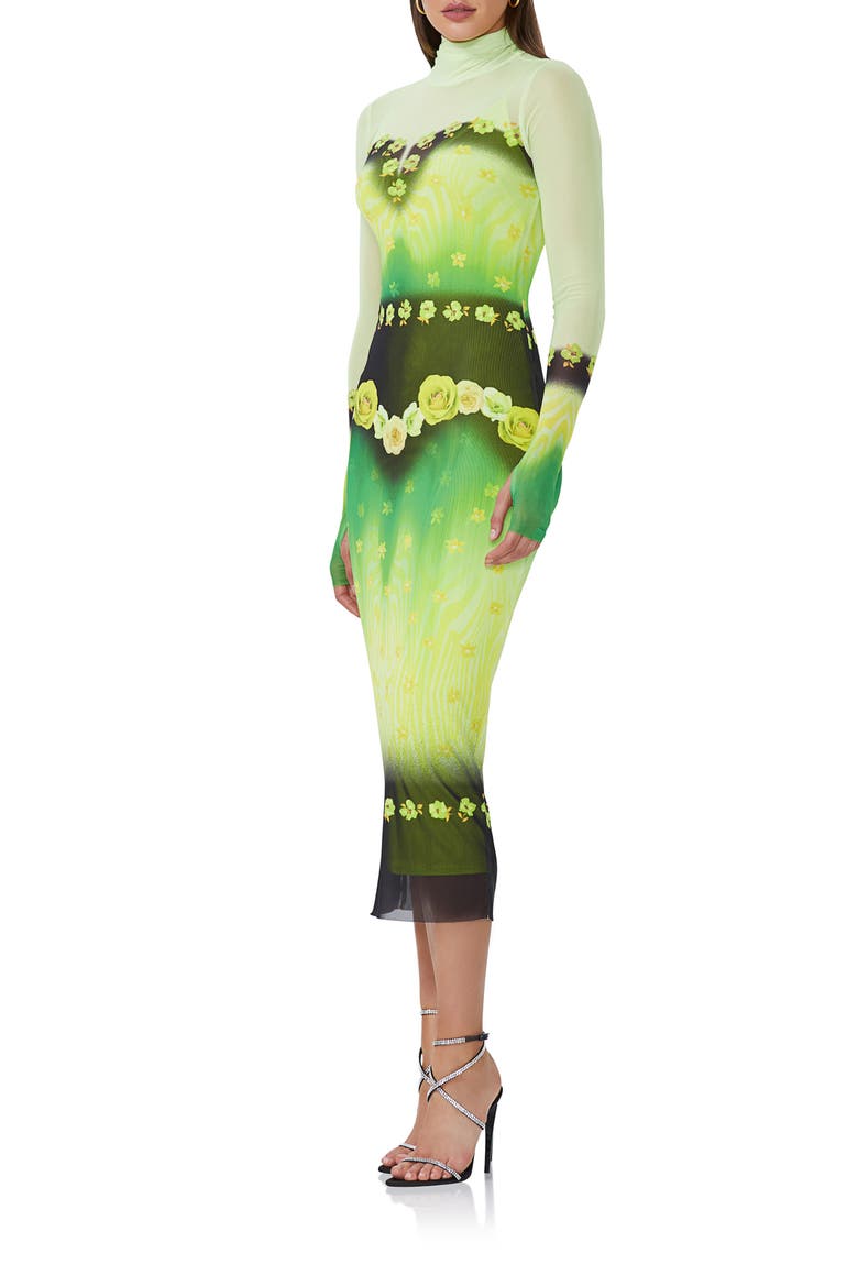 Shailene Long Sleeve Turtleneck Mesh Dress, Alternate, color, LIME FLORAL PLACEMENT
