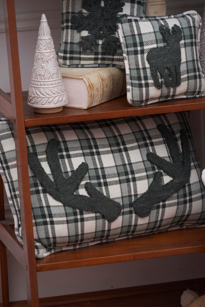 Woodland Deer Antlers Plaid Cotton Blend Mini Accent Pillow 14" x 22", Alternate, color, Green