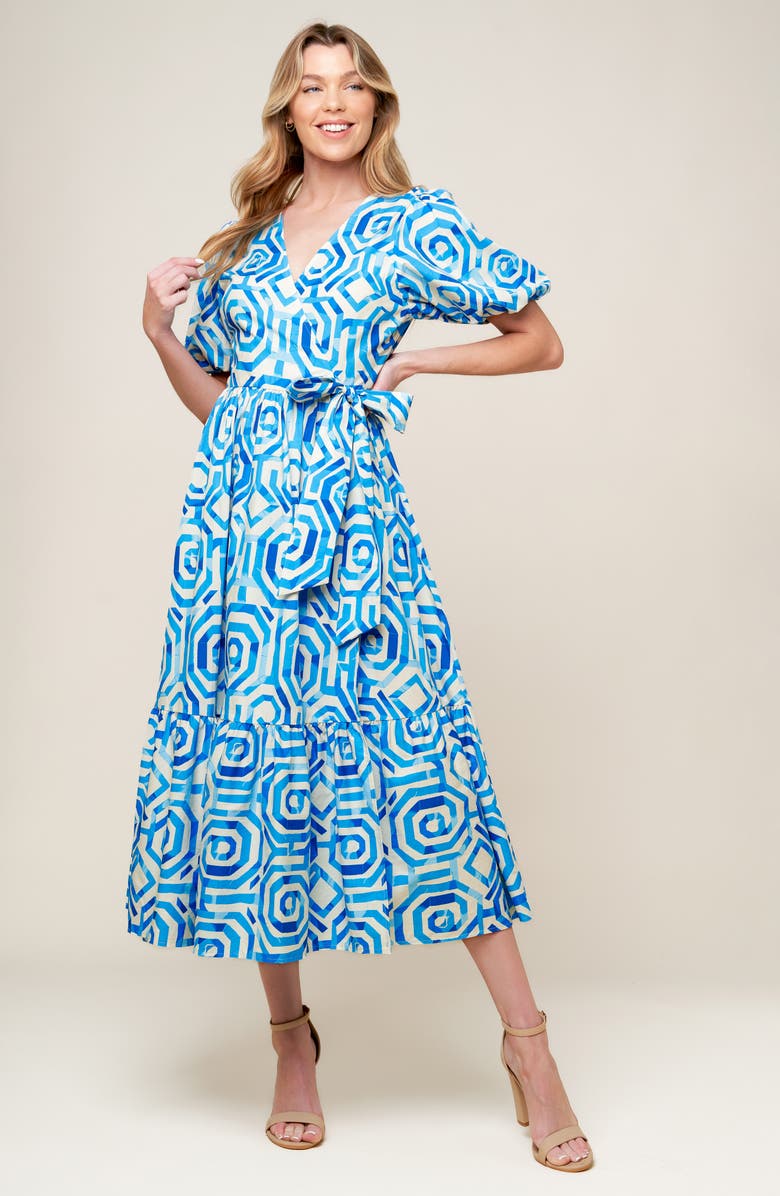 FLYING TOMATO Print Woven Wrap Dress, Alternate, color, Off White/ Blue