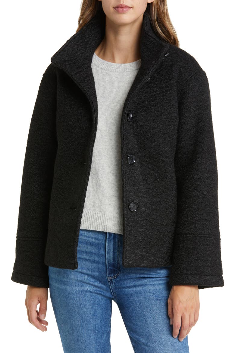 Stand Collar Pressed Bouclé Jacket, Alternate, color, BLACK