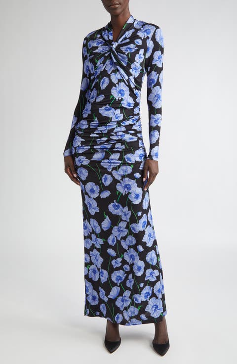 Twisted Neckline Long Sleeve Stretch Jersey Gown