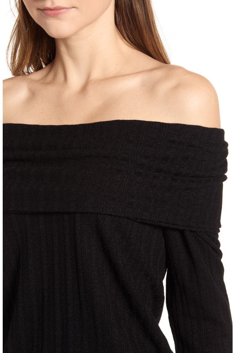 Ribbed Pointelle Off the Shoulder Top, Alternate, color, BLACK