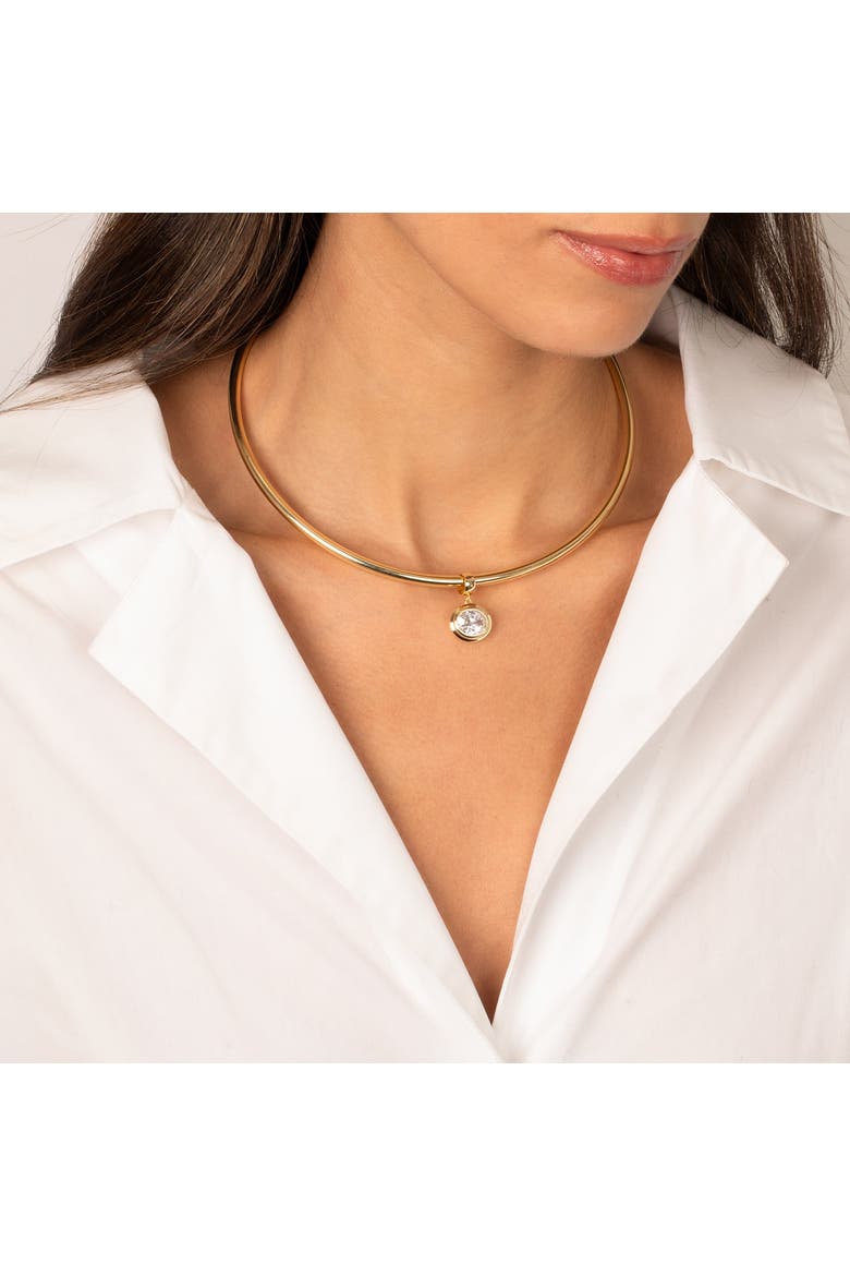 Colored CZ Oval Bezel/ Solid Tube Open Collar Pendant Necklace, Alternate, color, Gold