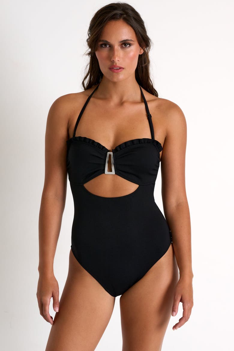 Bandeau One-Piece Swimsuit With Frills, Main, color, Black