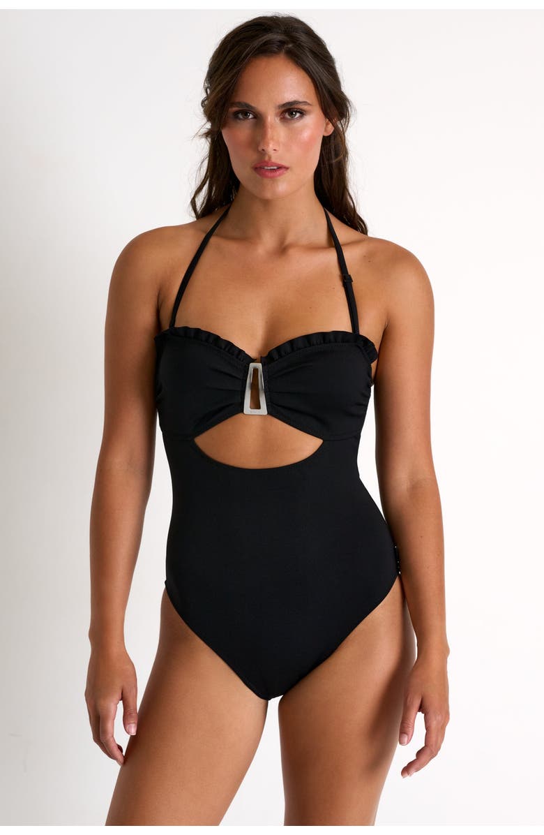 SHAN Bandeau One-Piece Swimsuit With Frills, Main, color, Black