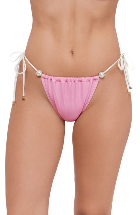 Ruched Faux Pearl Tanga Bikini Bottoms