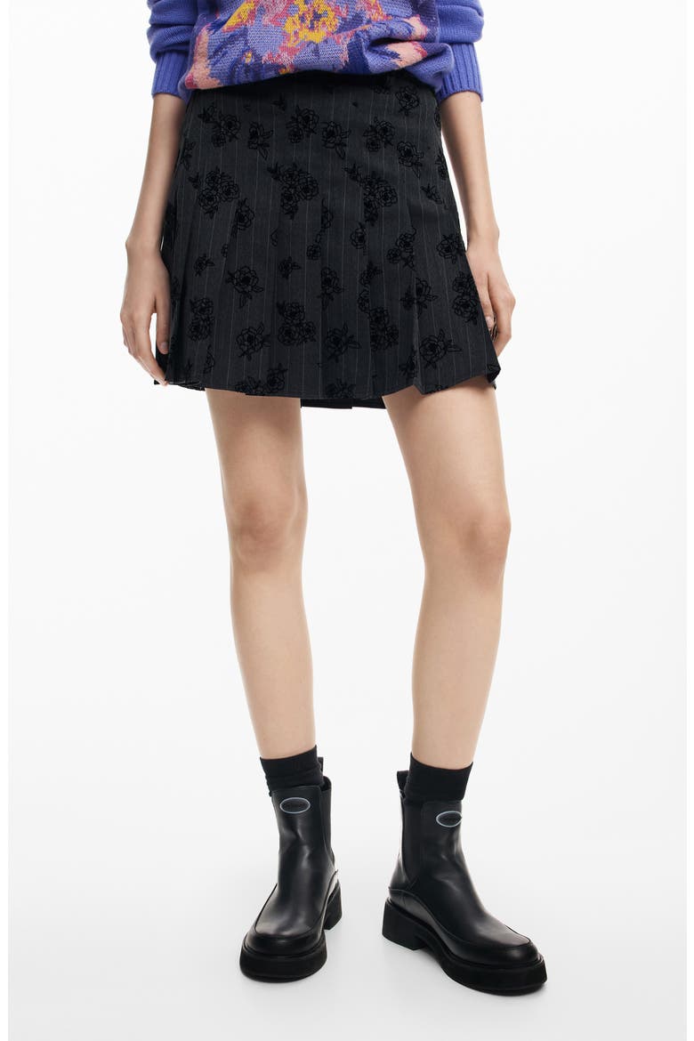 Dalian Tonal Embroidery Pleat Miniskirt, Main, color, BLACK
