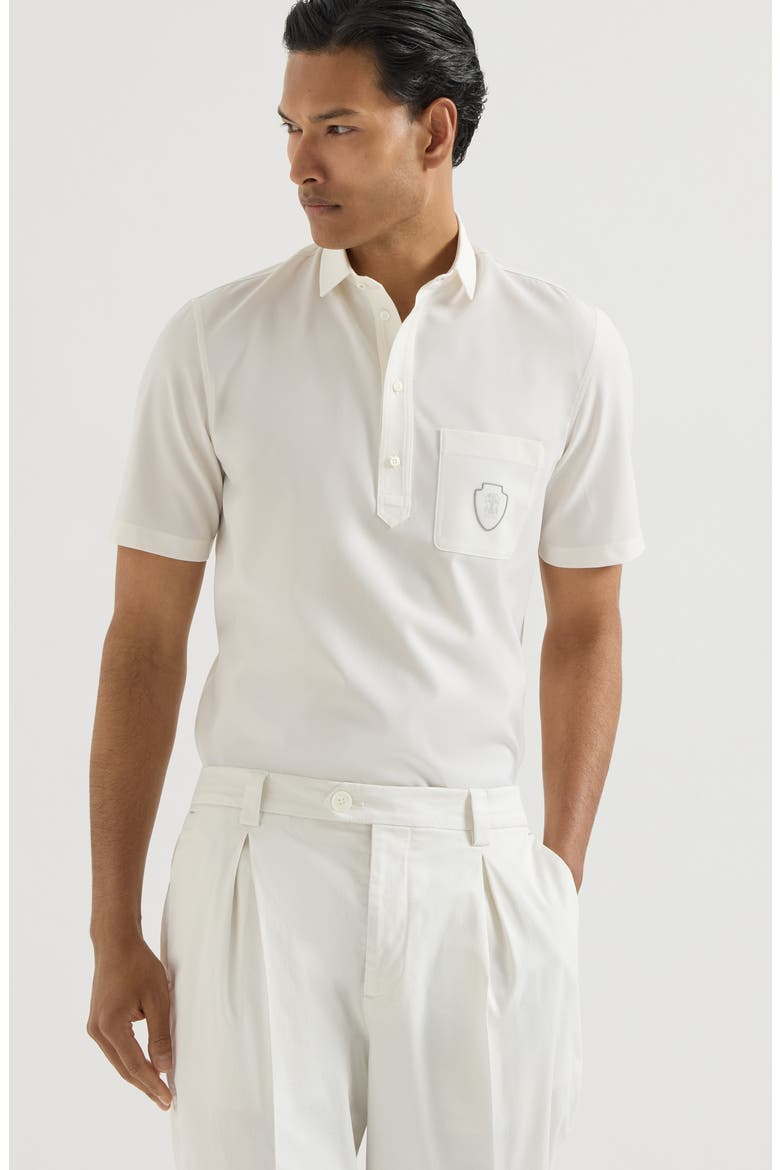 Lightweight virgin wool polo shirt with chest pocket and logo, Alternate, color, White