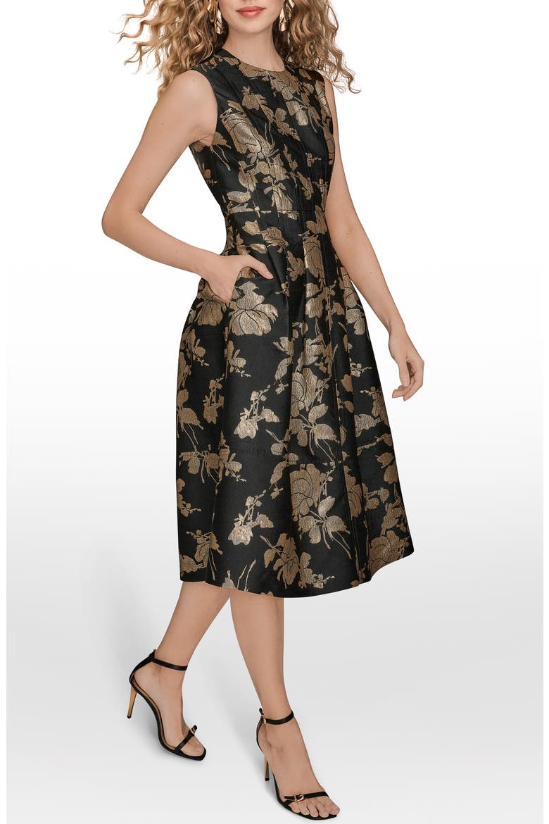 Metallic Jacquard Sleeveless Fit & Flare Dress, Alternate, color, BLACK/ GOLD