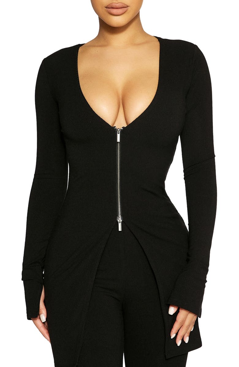 Naked Wardrobe Zip Front Rib Cardigan, Main, color, Black